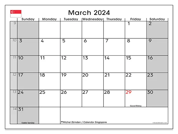 Free printable calendar Singapore for March 2024. Week: Sunday to Saturday.