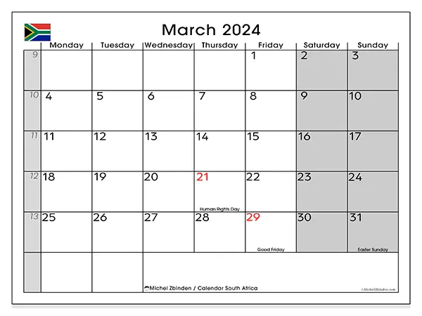 Printable calendar South Africa, March 2024