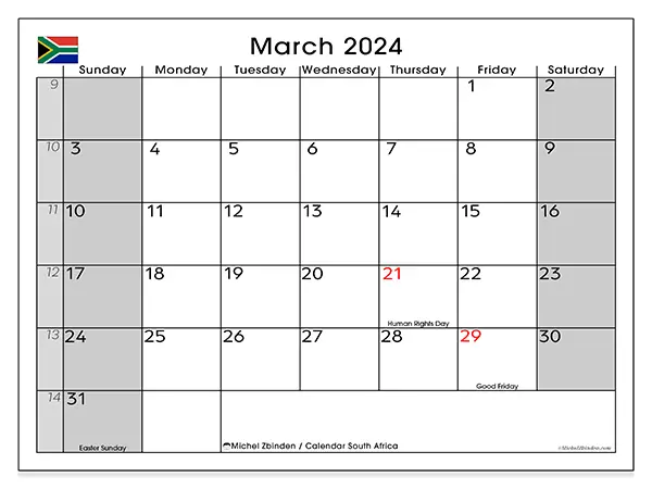Free printable calendar South Africa, March 2025. Week:  Sunday to Saturday