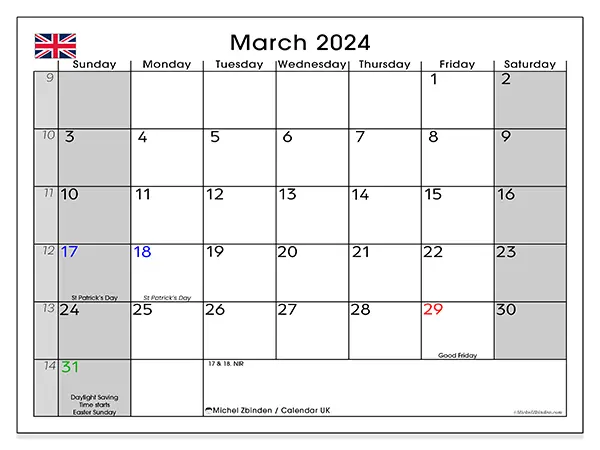 Free printable calendar UK for March 2024. Week: Sunday to Saturday.