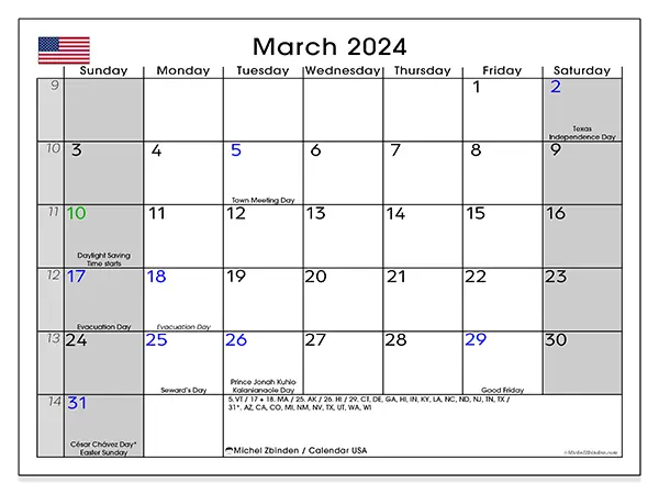 Printable calendar USA, March 2024