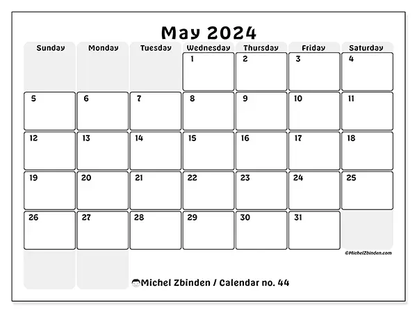 Free printable calendar n° 44 for May 2024. Week: Sunday to Saturday.