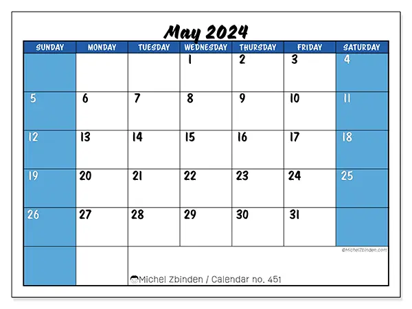Free printable calendar n° 451 for May 2024. Week: Sunday to Saturday.