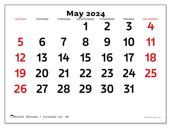Free printable calendar no. 46 for May 2024. Week: Sunday to Saturday.