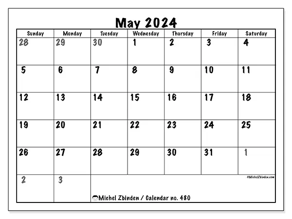 Free printable calendar no. 480 for May 2024. Week: Sunday to Saturday.