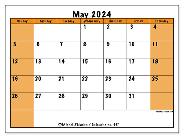 Free printable calendar no. 481 for May 2024. Week: Sunday to Saturday.