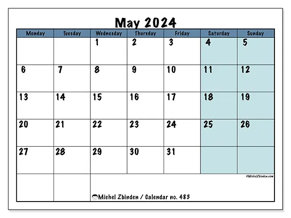 Free printable calendar no. 483 for May 2024. Week: Monday to Sunday.