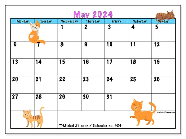 Free printable calendar no. 484 for May 2024. Week: Monday to Sunday.
