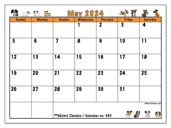 Free printable calendar no. 485 for May 2024. Week: Sunday to Saturday.