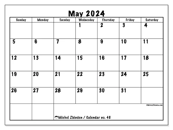 Free printable calendar no. 48 for May 2024. Week: Sunday to Saturday.