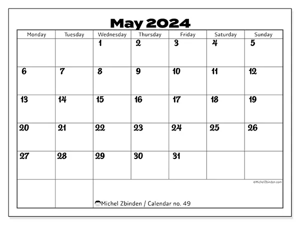 Free printable calendar no. 49 for May 2024. Week: Monday to Sunday.