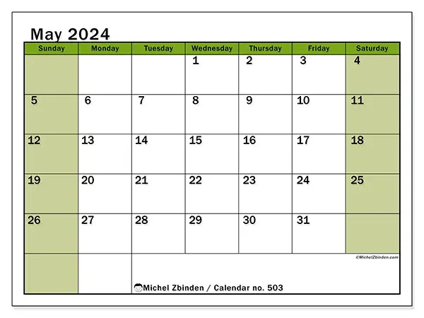 Free printable calendar no. 503 for May 2024. Week: Sunday to Saturday.