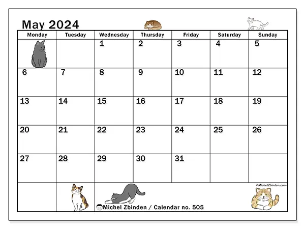 Free printable calendar no. 505 for May 2024. Week: Monday to Sunday.
