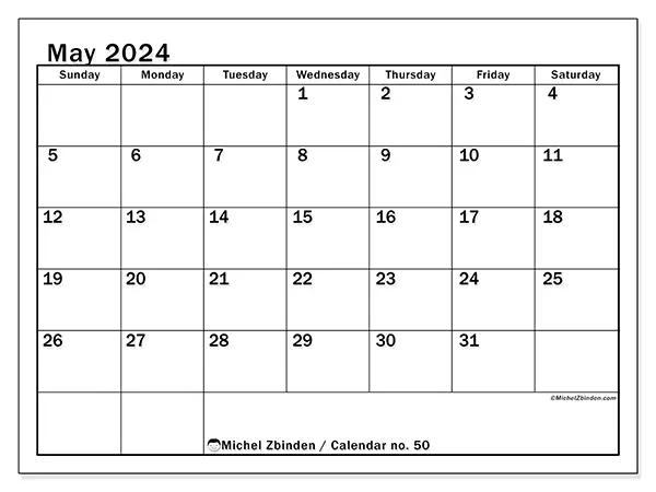 Free printable calendar no. 50 for May 2024. Week: Sunday to Saturday.