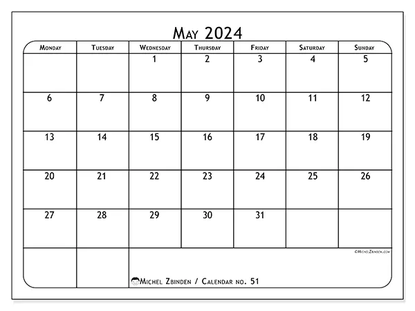 Free printable calendar no. 51 for May 2024. Week: Monday to Sunday.