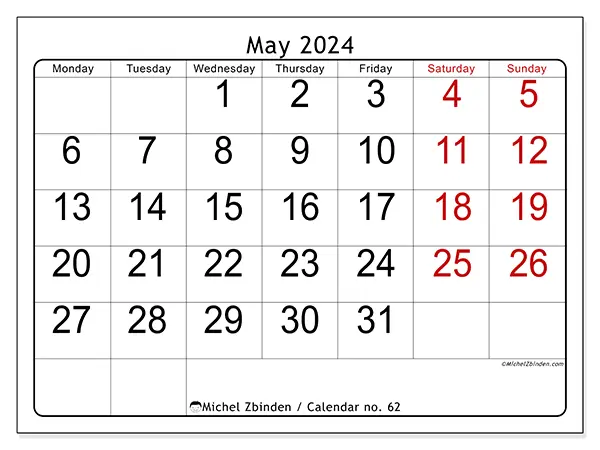 Printable calendar no. 62, May 2024