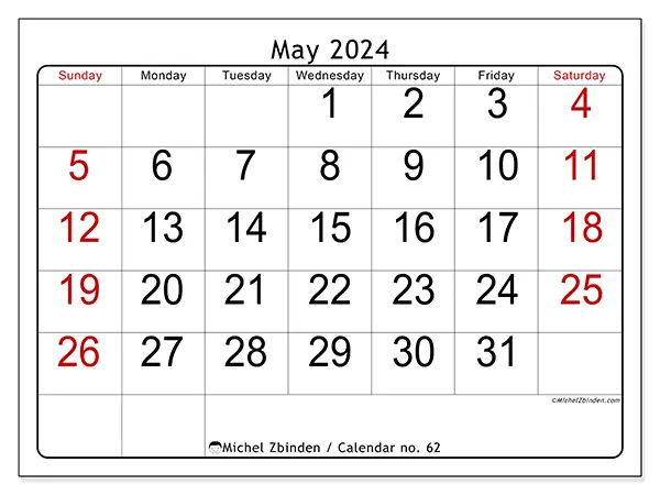 Printable calendar no. 62, May 2024