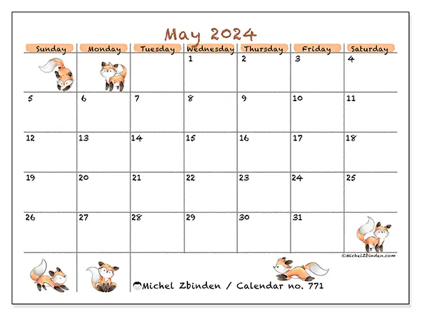 Free printable calendar no. 771 for May 2024. Week: Sunday to Saturday.