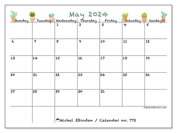 Free printable calendar no. 772 for May 2024. Week: Monday to Sunday.