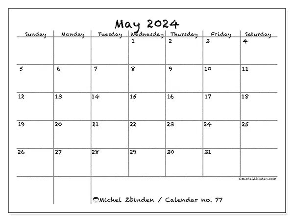 Free printable calendar no. 77 for May 2024. Week: Sunday to Saturday.