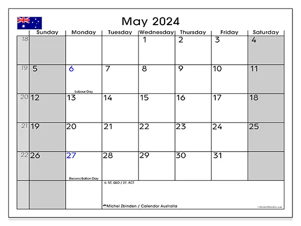 Free printable calendar Australia, May 2025. Week:  Sunday to Saturday