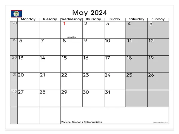 Printable calendar Belize, May 2024