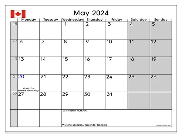 Free printable calendar Canada for May 2024. Week: Monday to Sunday.