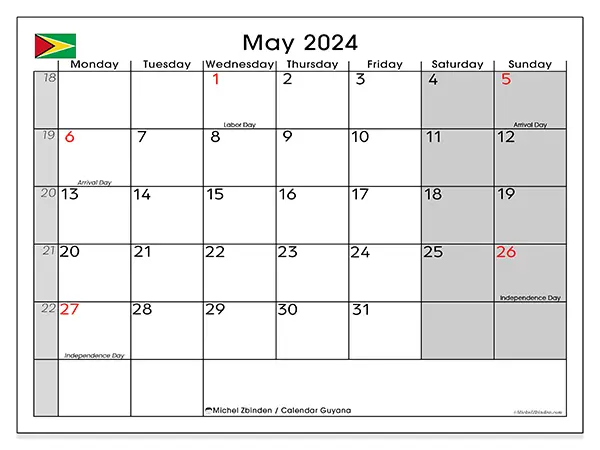 Printable calendar Guyana, May 2024