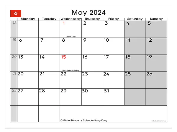Printable calendar Hong Kong, May 2024