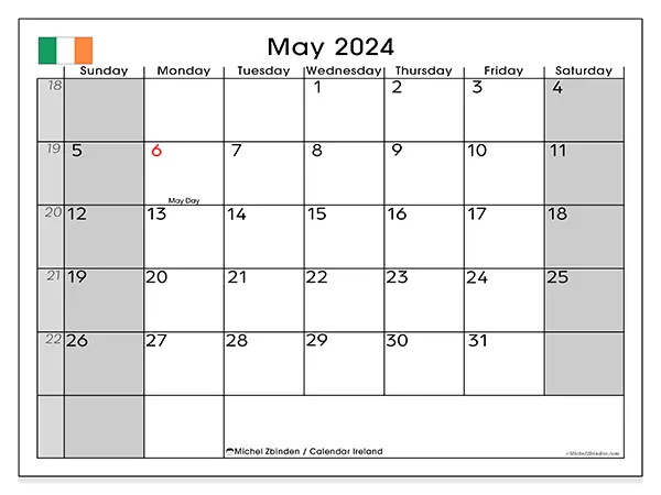 Free printable calendar Ireland for May 2024. Week: Sunday to Saturday.