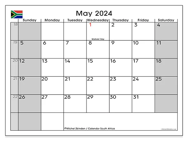 Free printable calendar South Africa for May 2024. Week: Sunday to Saturday.