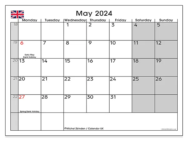 Printable calendar UK, May 2024