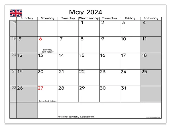 Free printable calendar UK for May 2024. Week: Sunday to Saturday.