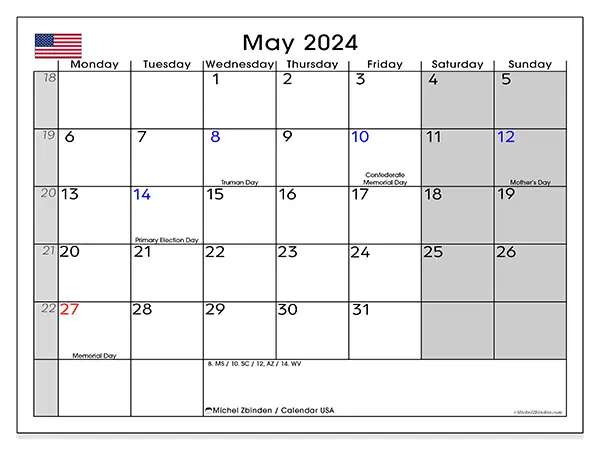 Free printable calendar USA for May 2024. Week: Monday to Sunday.