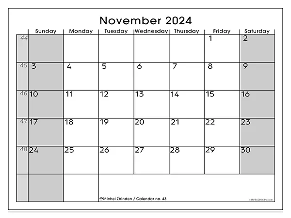 Free printable calendar n° 43 for November 2024. Week: Sunday to Saturday.