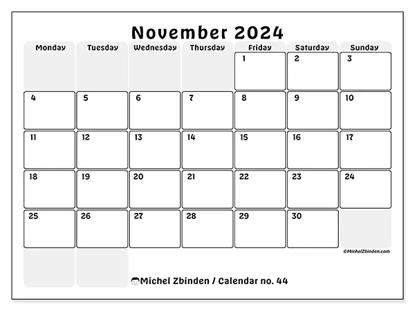 Free printable calendar n° 44 for November 2024. Week: Monday to Sunday.