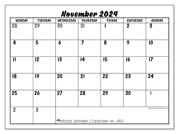 Free printable calendar n° 450 for November 2024. Week: Monday to Sunday.
