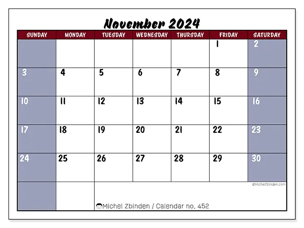 Free printable calendar n° 452 for November 2024. Week: Sunday to Saturday.