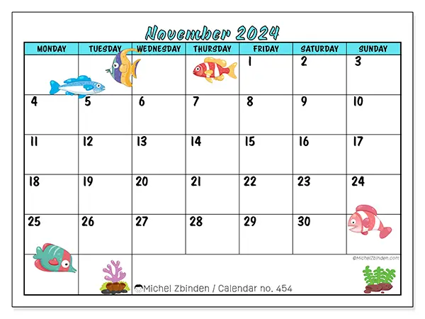 Free printable calendar n° 454 for November 2024. Week: Monday to Sunday.