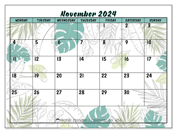 Free printable calendar n° 456 for November 2024. Week: Monday to Sunday.