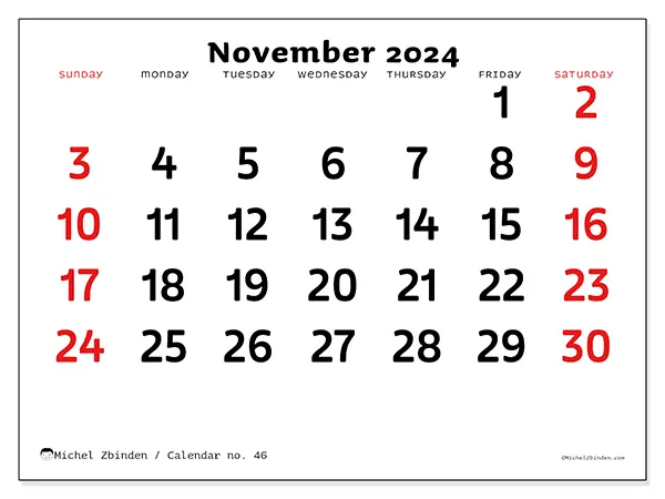 Free printable calendar no. 46 for November 2024. Week: Sunday to Saturday.