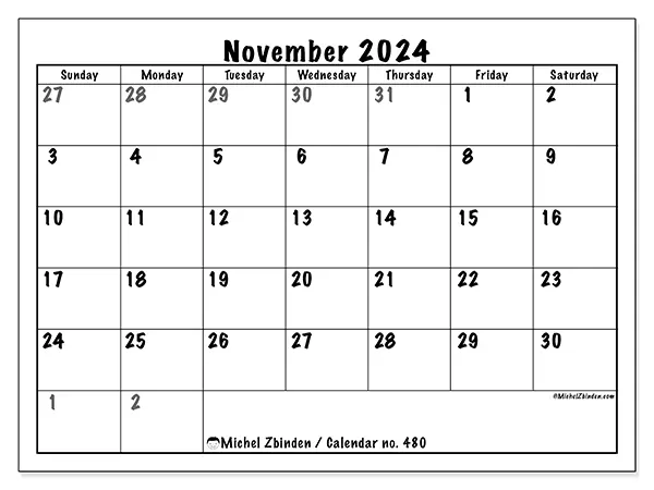 Free printable calendar no. 480 for November 2024. Week: Sunday to Saturday.