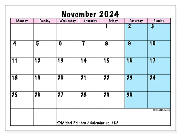Free printable calendar no. 482 for November 2024. Week: Monday to Sunday.