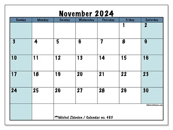 Free printable calendar no. 483 for November 2024. Week: Sunday to Saturday.