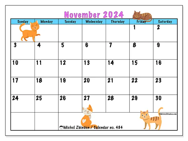 Free printable calendar no. 484 for November 2024. Week: Sunday to Saturday.