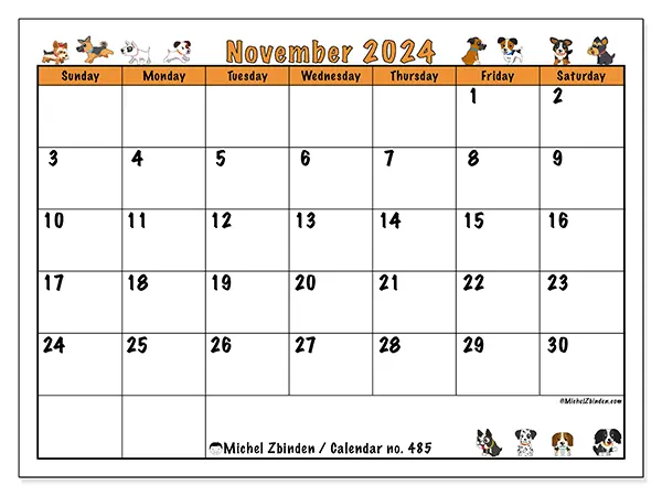 Free printable calendar no. 485 for November 2024. Week: Sunday to Saturday.