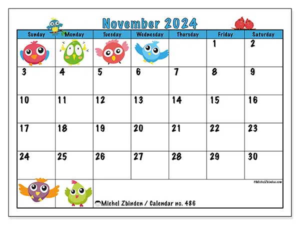 Free printable calendar no. 486 for November 2024. Week: Sunday to Saturday.