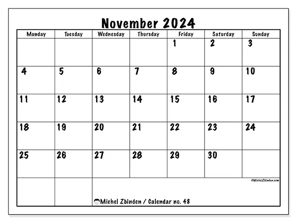 Free printable calendar no. 48 for November 2024. Week: Monday to Sunday.