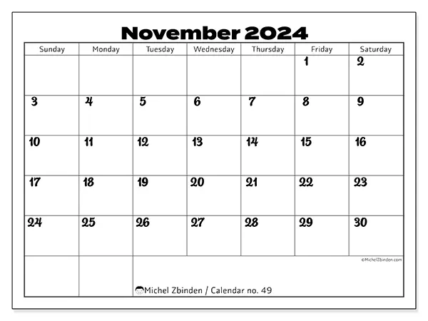 Free printable calendar no. 49 for November 2024. Week: Sunday to Saturday.
