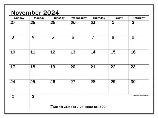 Free printable calendar no. 500 for November 2024. Week: Sunday to Saturday.